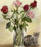 watercolor painting still-life of roses and cats