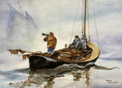 watercolor painting of a boat and Foghorn