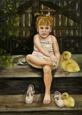watercolor portrait painting girl and ducks