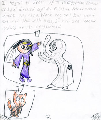 imagination and drawing of cat in an artistic girl's comic art and her loving story