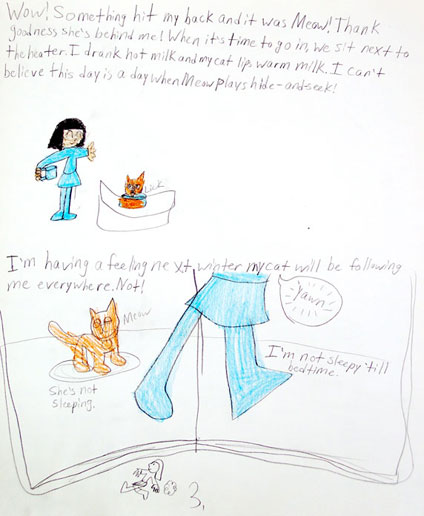 imagination and drawing of cat in an artistic girl's comic art and her loving story