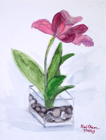 watercolor painting of purple flower by kid, Kai Chen
