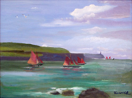 oil painting of red sail boats by kid, Kenrick Tsang, oil painting on canvas