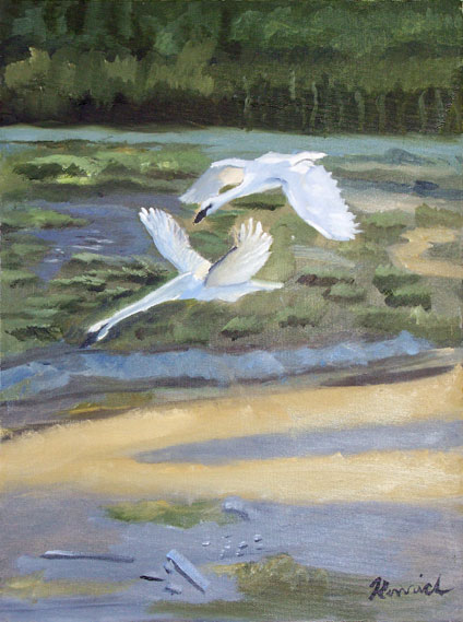 oil painting of two flying geese by kid, Kenrick Tsang, oil painting on canvas