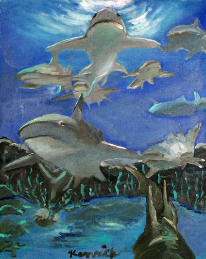 oil painting of red sharks by kid, Kenrick Tsang, oil painting on canvas
