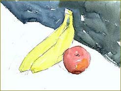 How to paint banana and red apple in watercolor step by step.