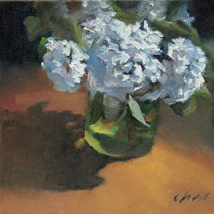 original oil painting of Blue Flowers in a Glass by Yong Chen