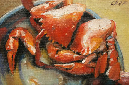 original oil painting of A Dish of Red Crabs by Yong Chen