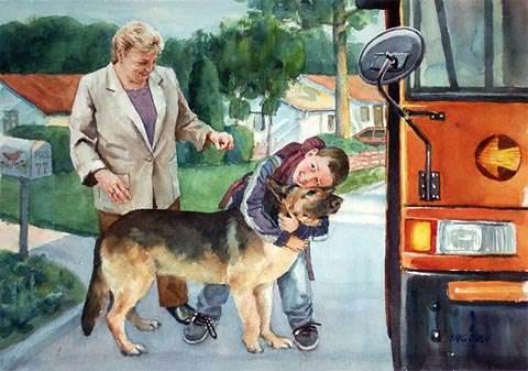 watercolor painting of school bus and boy going to school: watercolor print for sale