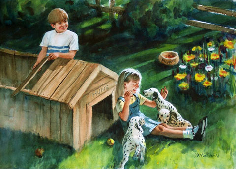 watercolor of dogs and dog house: watercolor print for sale