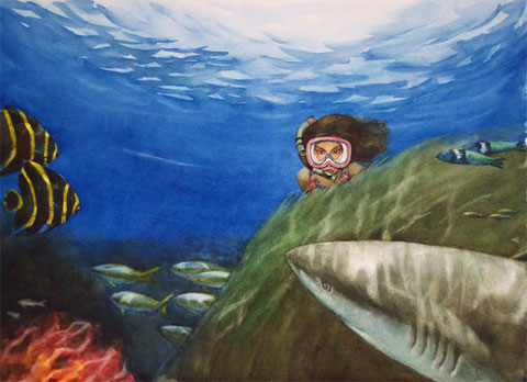 watercolor painting of sharks and swimming girl : watercolor print for sale