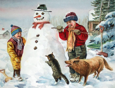 watercolor painting of children and snowman: watercolor prints for sale