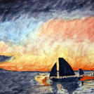 Watercolor painting by a student of Yong Chen: ocean evening