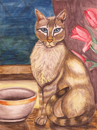 watercolor portrait painting of my grandfather: watercolor painting of cat by Lisa Carson, a proud student of Yong Chen