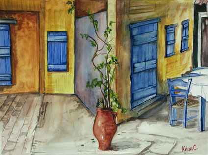 watercolor still life painting of pears: watercolor painting of yellow walls and bright life by Alina Chekhivska, a proud student of Yong Chen