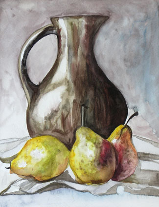 watercolor still life painting of pears: watercolor painting by Alina Chekhivska, a proud student of Yong Chen