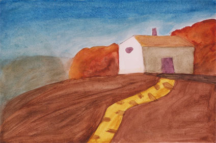 watercolor landscape painting of a house: watercolor painting by Karen Cotrina, a proud student of Yong Chen