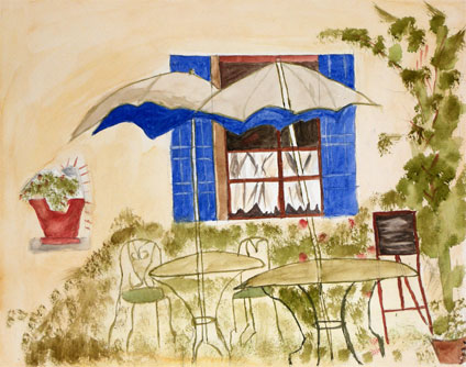 watercolor still life painting of pears: watercolor painting of outdoor cafe by Shaukia Iftikhar, a proud student of Yong Chen