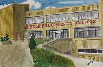 my first watercolor painting experience: watercolor painting of Bunker Hill Community College by Youngsun Kim, a proud student of Yong Chen