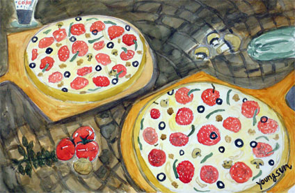 my first watercolor painting experience: watercolor painting of pizza by Youngsun Kim, a proud student of Yong Chen