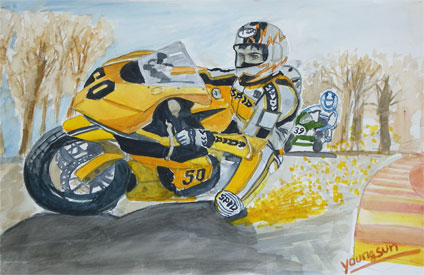 my first watercolor painting experience: watercolor painting of a Motor cycle racing man by Youngsun Kim, a proud student of Yong Chen
