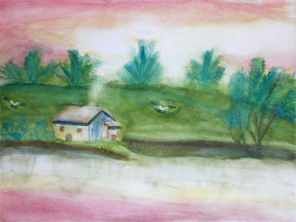 my first watercolor painting experience: watercolor painting of a house near a river in evening by Xiao Dan Zhao, a proud student of Yong Chen