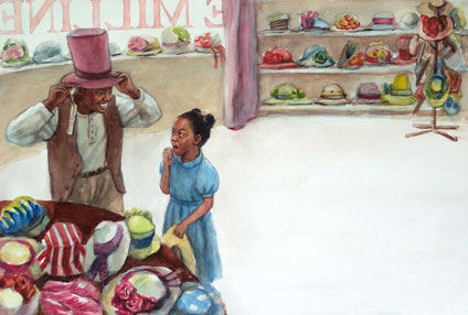 There was a moment when I thoughthe was going to buy this hat that would have sat clumsy as a washing machine on top of Mama's head. Yong Chen watercolor illustratioon for children's book