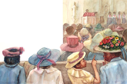 We were inside the church and there were many hats. Yong Chen watercolor illustratioon for children's book
