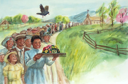 Mama carried the hat home carefully, the mother bird flying alongside of her, and all the ladies from our church, trooping behind like they were on their way to Galilee. Yong Chen watercolor illustratioon for children's book