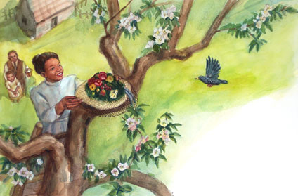 Mama placed the hat with baby birds on an apple tree. Yong Chen watercolor illustratioon for children's book